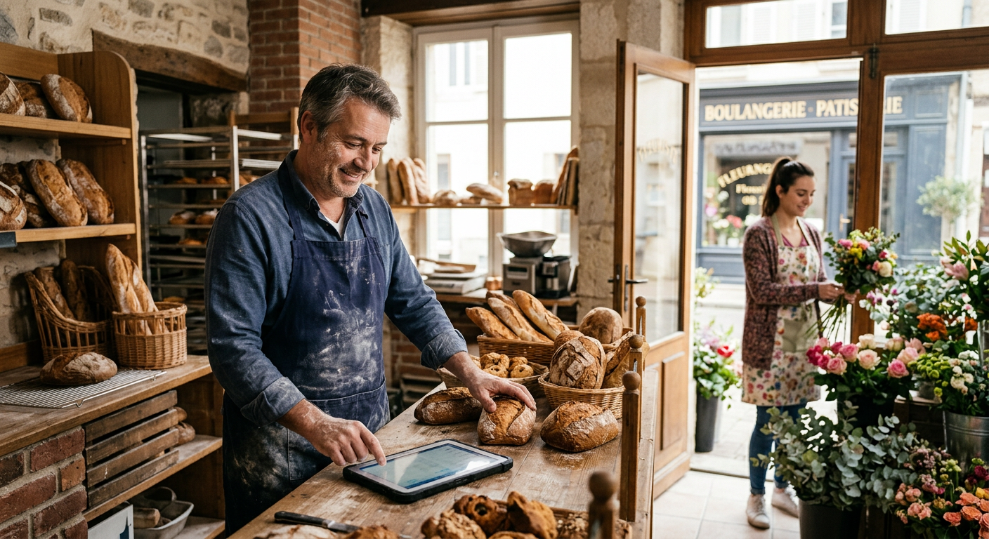 Un boulanger à son comptoir regarde une tablette, une fleuriste prépare des bouquets au fond. Image générée.